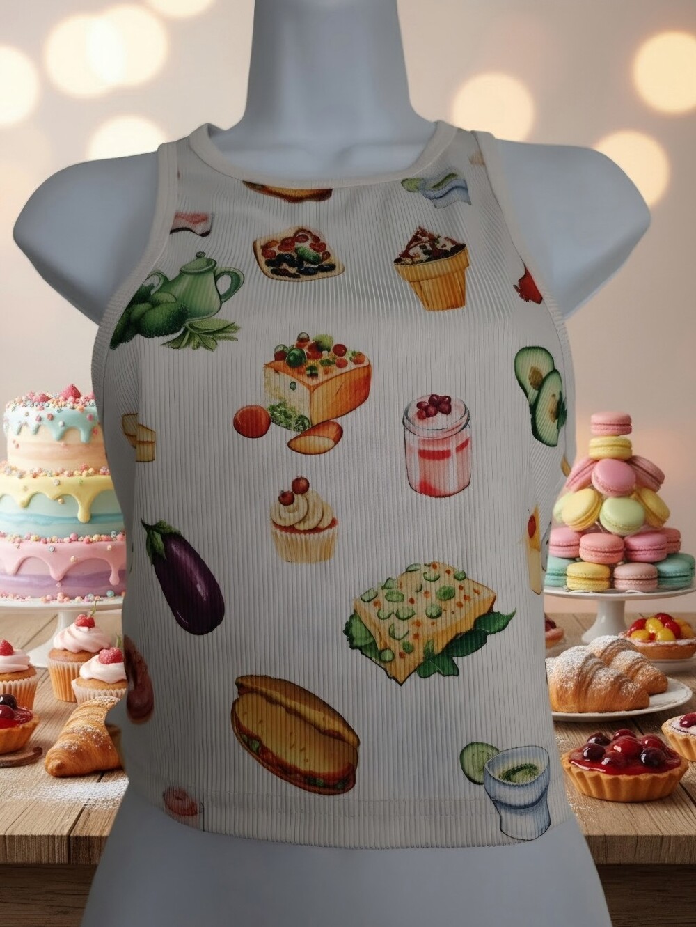 SHEIN White Ribbed Crop Top with Colorful Food Print